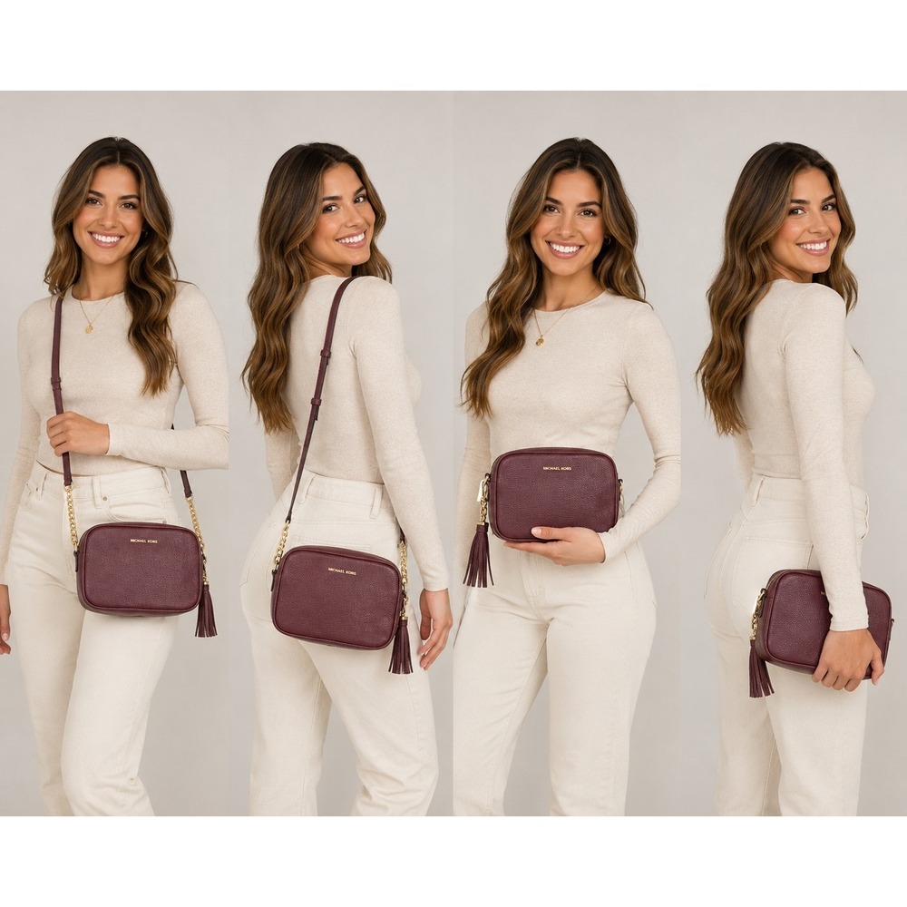 Michael Kors burgundy pebbled leather crossbody camera bag gold tassel